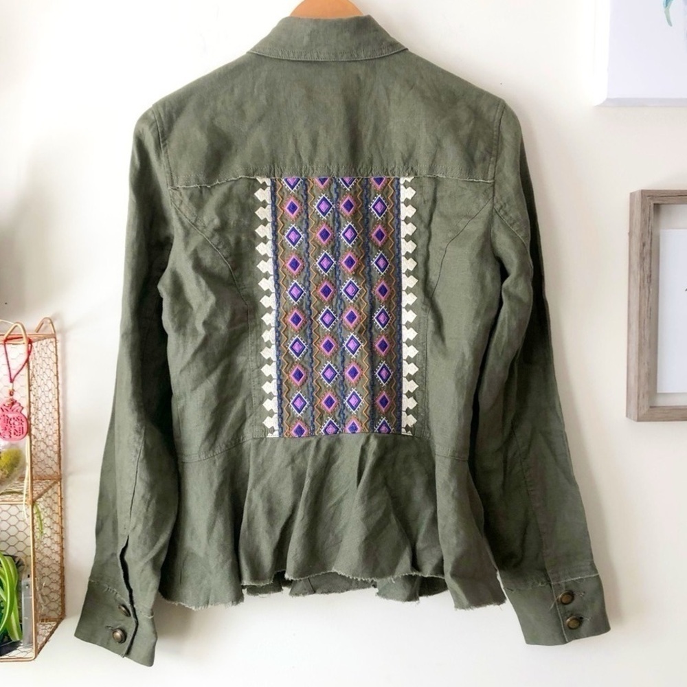 International Concepts 100% Linen Embroidered Olive Green Utility Jacket Sz M - Picture 6 of 13